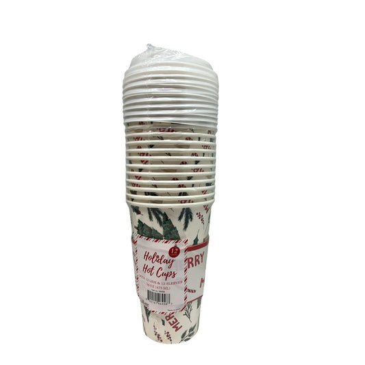 Holiday Hot Cups 16 oz disposable set, white with red text and holly print, 12 count on Tampa Home & Garden Store