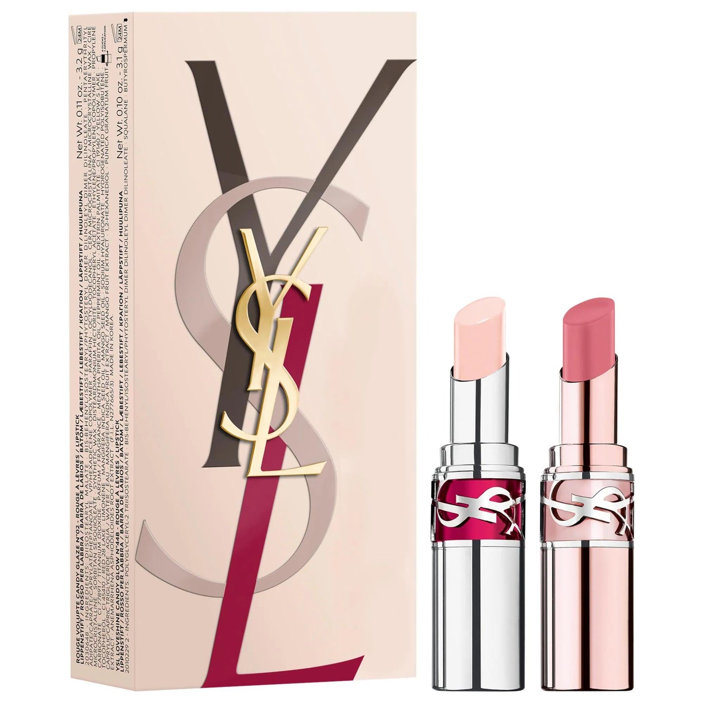 YSL Lip Gloss Stick & Tinted Lip Balm Gift Set on box with YSL logo; 3 pink lip gloss tubes on Tampa Home & Garden Store