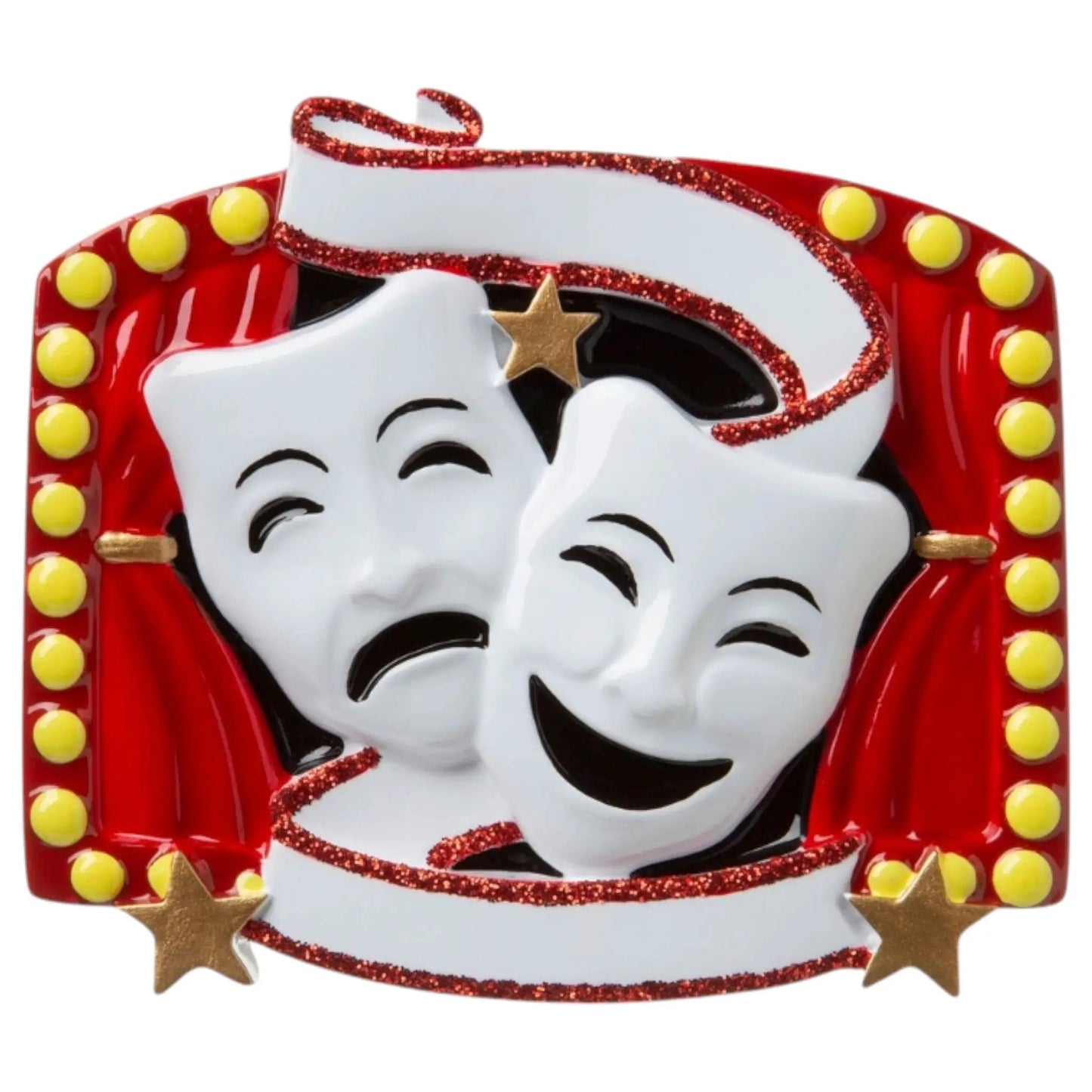 Theater Ornament with Masks and Lights red frame with glittery trim and yellow bead border on Tampa Home & Garden Store