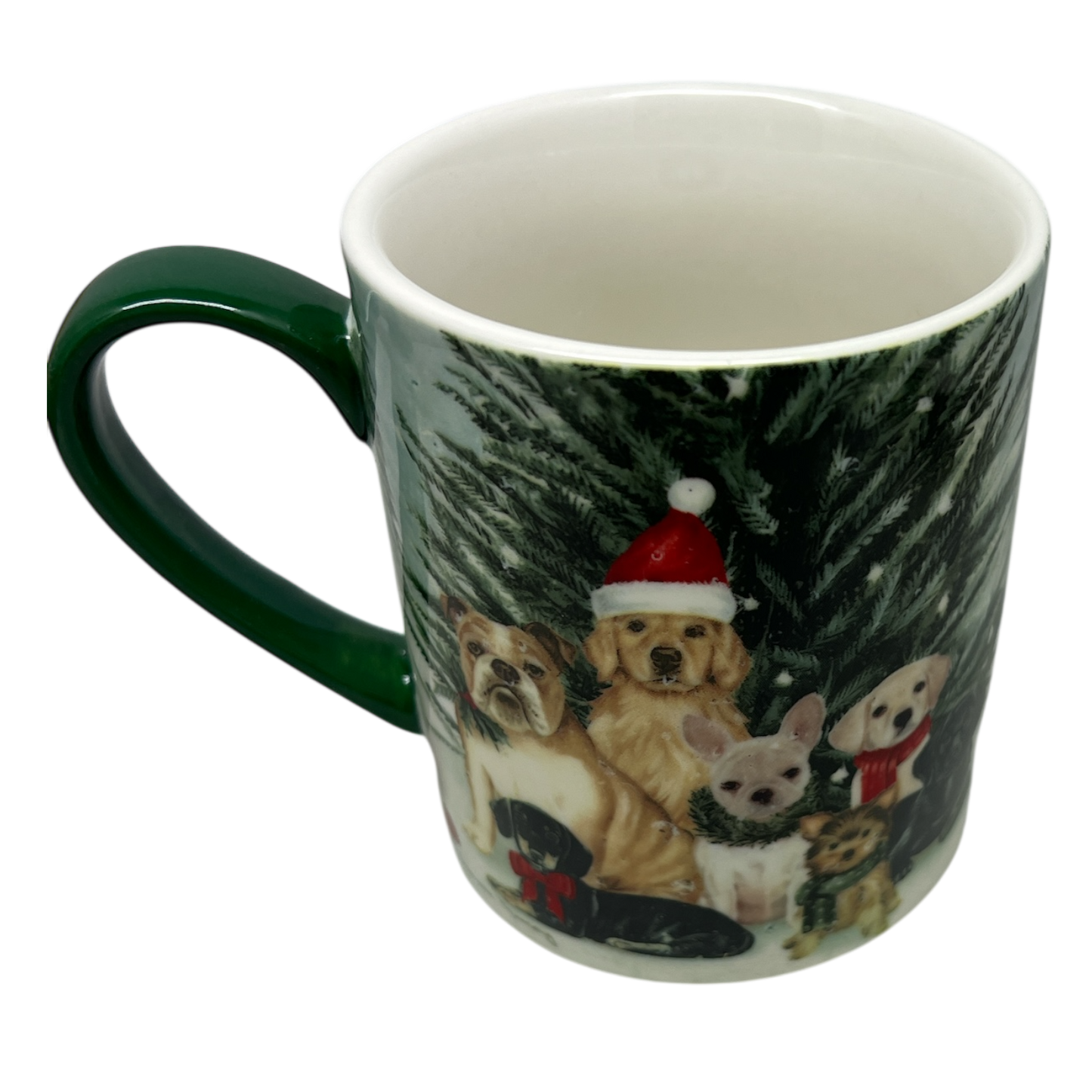 Unleashed Joy 14oz mug by The Country Christmas Loft, green-handle with festive dogs on Tampa Home & Garden Store
