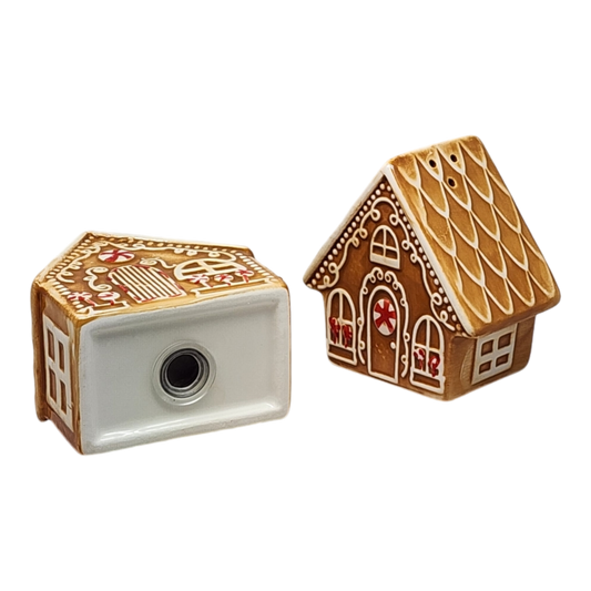 Ceramic gingerbread house salt and pepper set by The Country Christmas Loft; shaker pair on Tampa Home & Garden Store