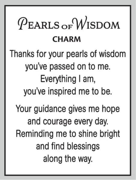 Pearls of Wisdom Charm gift shoppe jewelry card with black script title on Tampa Home & Garden Store