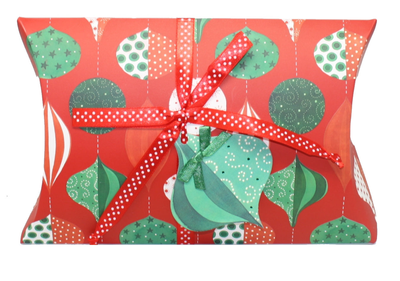 Gift pouch ornament wrapped in red gift wrap with teal green ornament prints and red polka-dot ribbon bow on Tampa Home & Garden Store