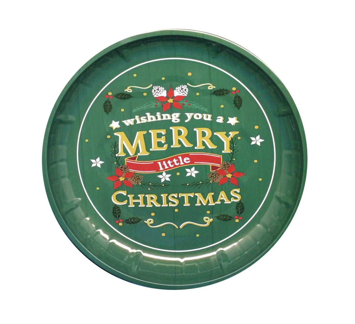 Christmas tin round dinner plate 10 inch green with holly and festive MERRY little design on Tampa Home & Garden Store