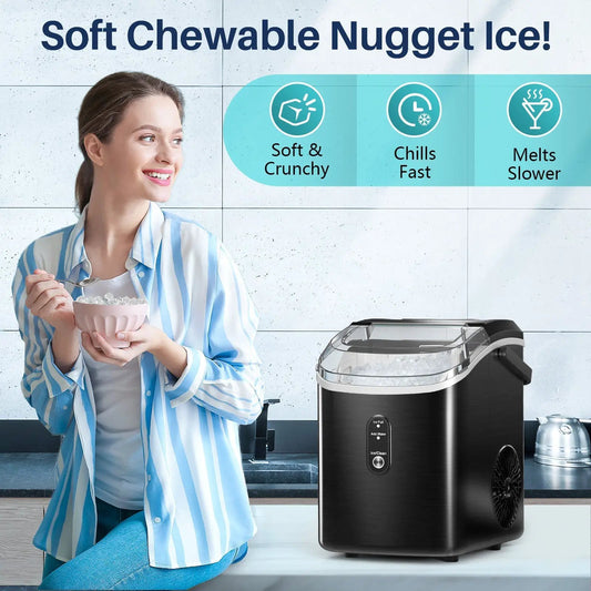 Kismile Nugget Ice Maker Countertop in black stainless; smiling woman enjoys soft nugget ice on Tampa Home & Garden Store