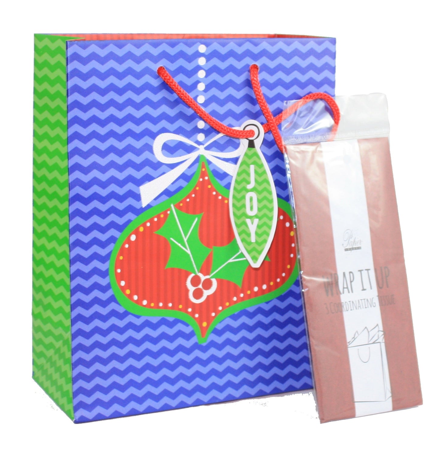 Medium Gift Bag with Tissue blue zigzag design, holly ornament The Country Christmas Loft on Tampa Home & Garden Store