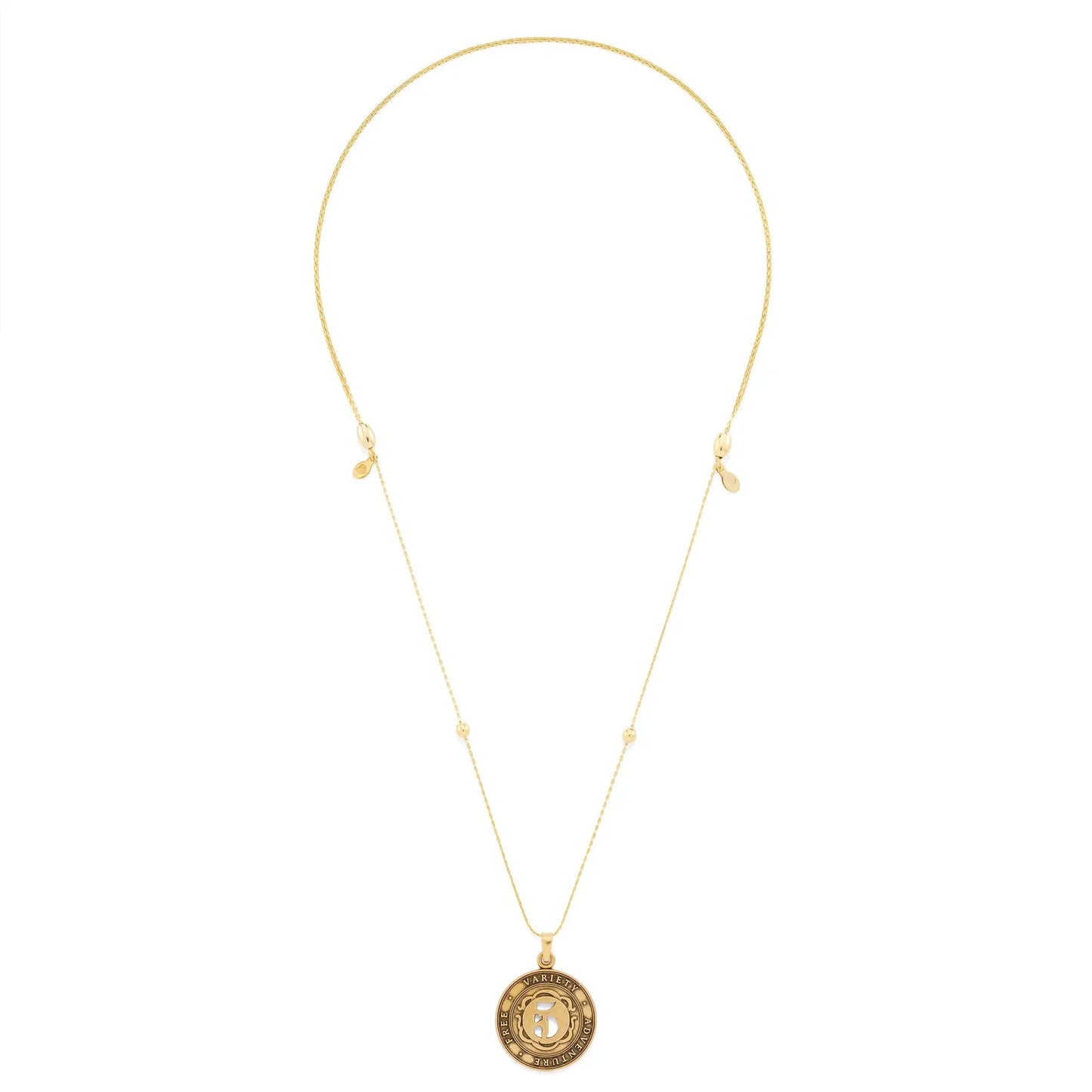 Number 5 Necklace, Expandable gold-tone chain with circular pendant featuring a 5 motif on Tampa Home & Garden Store