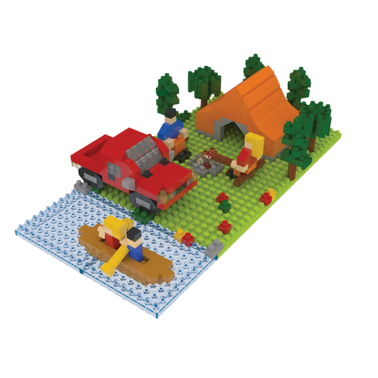 Mini Building Blocks Camping Set red truck, orange tent, trees on a grassy riverside base on Tampa Home & Garden Store