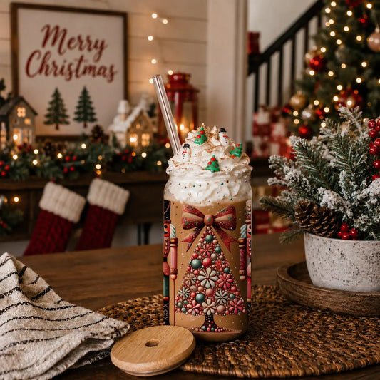 Nutcracker Soldier Glass Tumbler 17oz with festive Christmas tree motif and whipped cream on Tampa Home & Garden Store