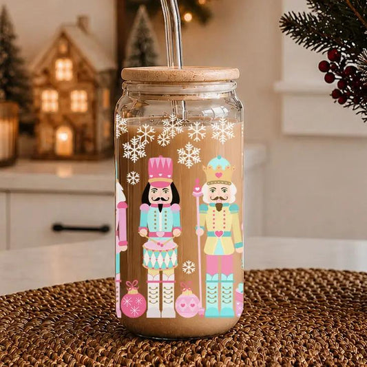 Glass cup 17oz Gia Roma Nutcracker Nuts holiday drinkware with nutcracker soldiers pattern on Tampa Home & Garden Store