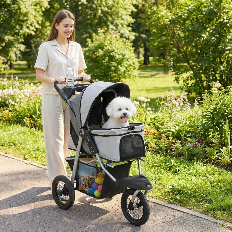 Compact All‑Terrain Pet Stroller by Furr Baby Gifts gray with mesh window dog inside on Tampa Home & Garden Store