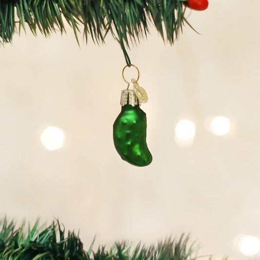 Old World Christmas Gurken Pickle Ornament, green glass pickle with silver cap on Tampa Home & Garden Store