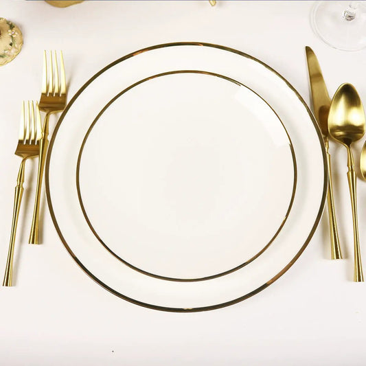 Narrow Gold Rim salad plates set of 4 with white centers and slim gold rims (2 shown) on Tampa Home & Garden Store