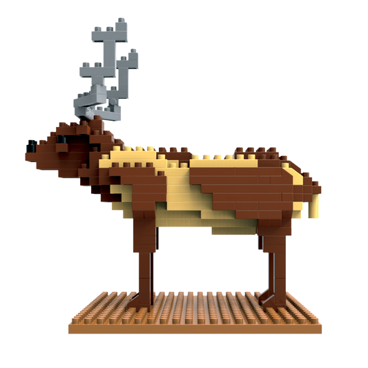 Mini Building Blocks Elk Set 174-piece brown elk brick set on a brown base with antlers on Tampa Home & Garden Store