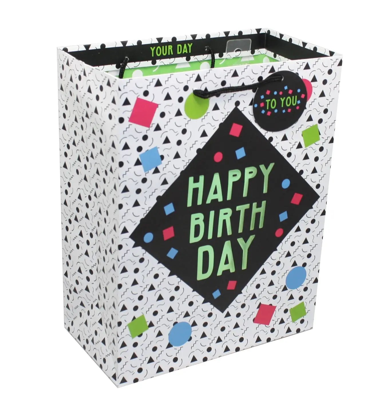 Geometric Foil Happy Birthday Gift Bag with neon green message and round black tag on Tampa Home & Garden Store