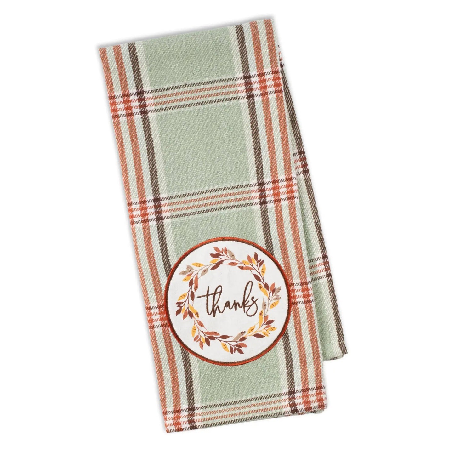 Thanks Autumn Wreath embellished cotton dishtowel in green plaid with orange accents on Tampa Home & Garden Store
