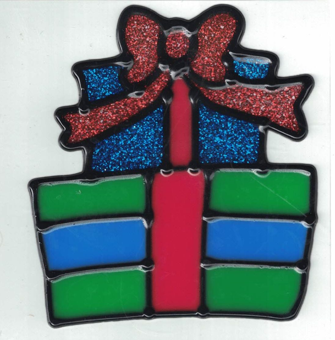 Christmas Window Cling Presents decor with glittery red bow and colorful gift panels on Tampa Home & Garden Store