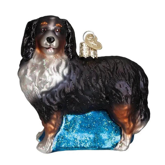 Old World Christmas Bernese Mountain Dog ornament with black tri-color fur and glitter on Tampa Home & Garden Store