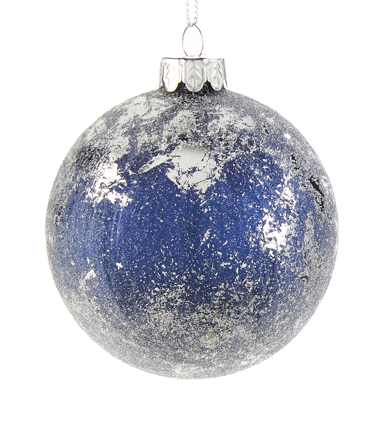 Silver and Blue Iced Glass Ornament with Cord, frosted metallic finish on Tampa Home & Garden Store