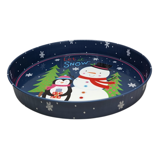 Let It Snow Deep Round Serving Tray navy blue with snowflakes by The Country Christmas Loft on Tampa Home & Garden Store