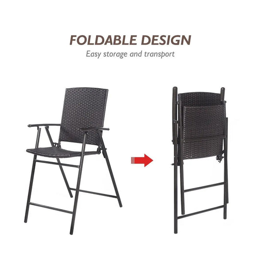 Set of 4 folding rattan bar chairs with arms and footrests in dark wicker for indoor/outdoor use on Tampa Home & Garden Store