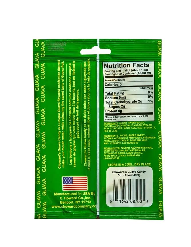 Guava mint candy bag in green packaging with nutrition facts Choward's Guava Candy USA-made on Tampa Home & Garden Store