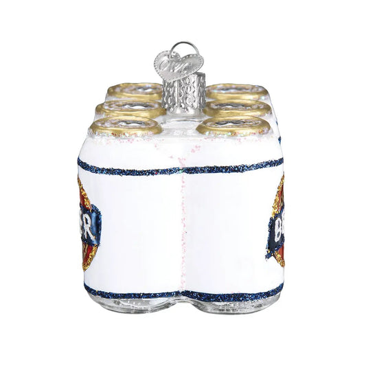 Six-pack beer ornament white cube with blue glitter trim and gold can tops by The Country Christmas Loft on Tampa Home & Garden Store