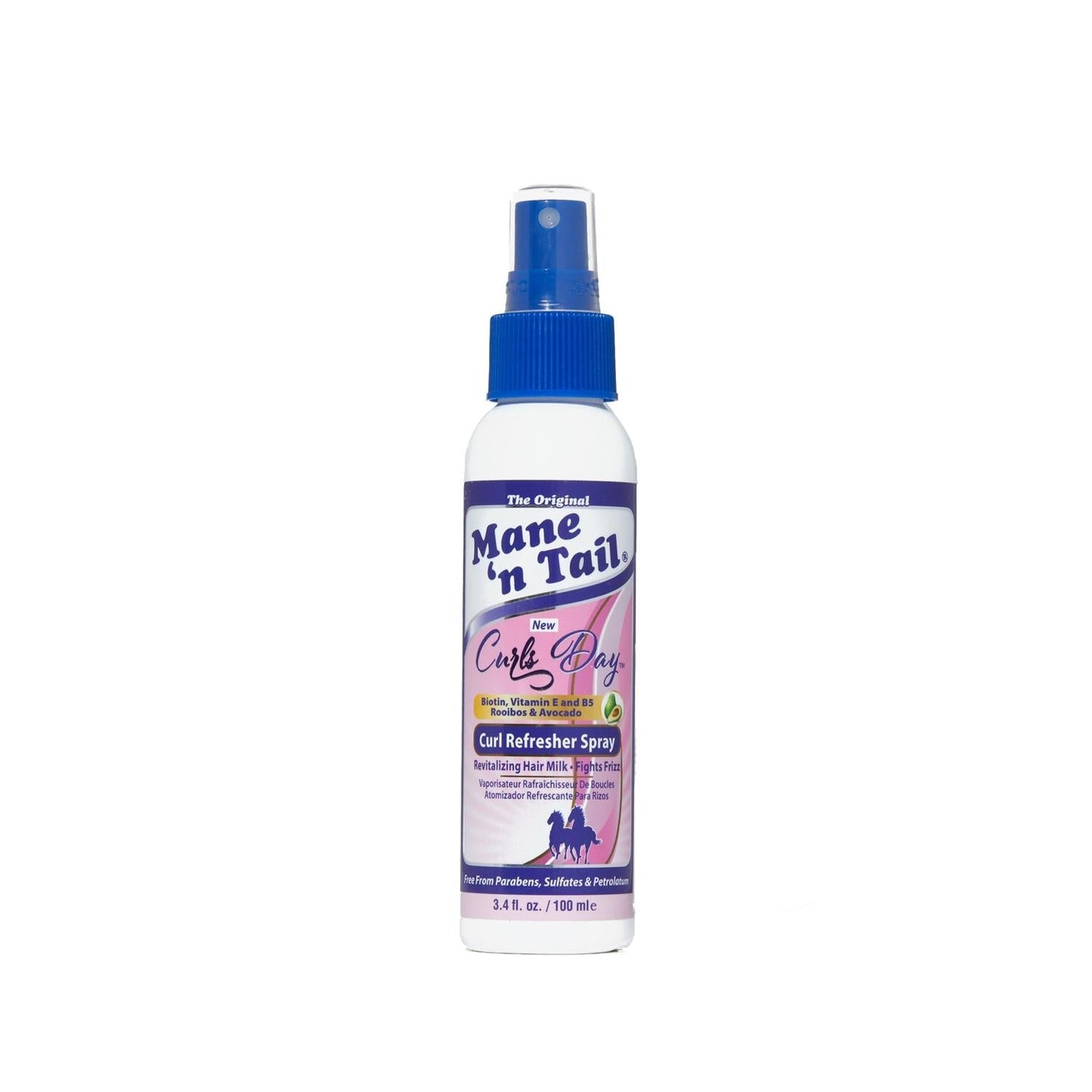 Mane 'n Tail Curls Day Curl Refresher hair spray bottle with blue spray nozzle and pink label on Tampa Home & Garden Store