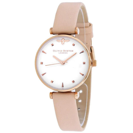 Olivia Burton Embellished Watch with Leather Strap, rose gold case, beige strap, white dial on Tampa Home & Garden Store