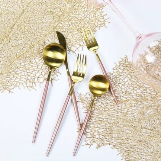 Flatware set Pink and Gold Obelisk, 20-piece with rose-gold handles and gold heads on Tampa Home & Garden Store
