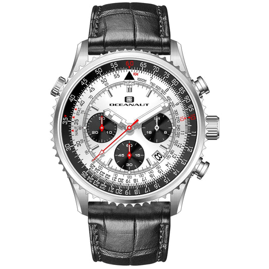 Oceanaut Flight men's watch with black leather strap and stainless steel case chronograph on Tampa Home & Garden Store