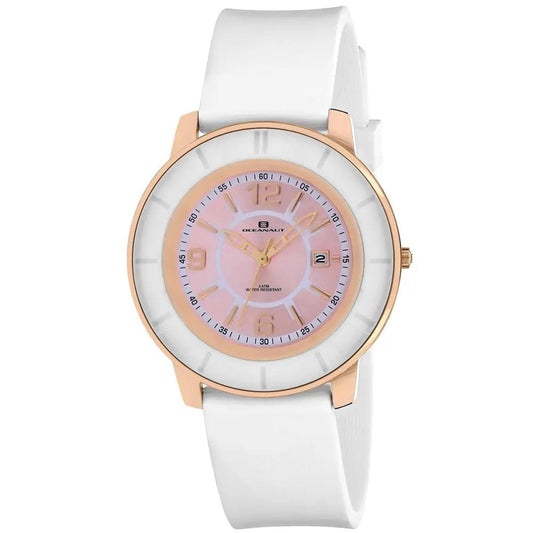 Oceanaut Satin Women's Pink Dial Quartz Watch with rose gold-tone case and white strap on Tampa Home & Garden Store