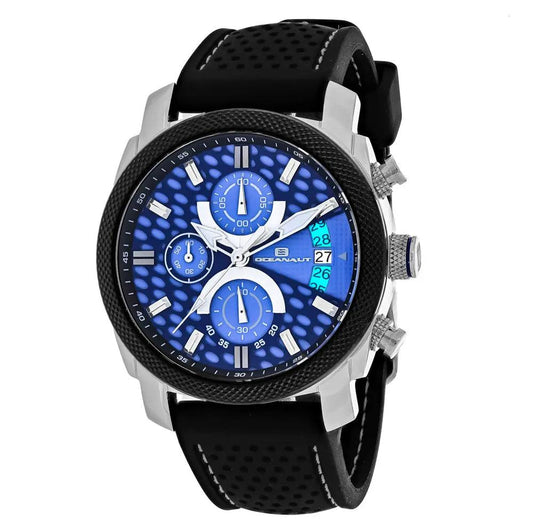 Oceanaut Kryptonite stainless steel men's watch with blue dial and black perforated strap on Tampa Home & Garden Store