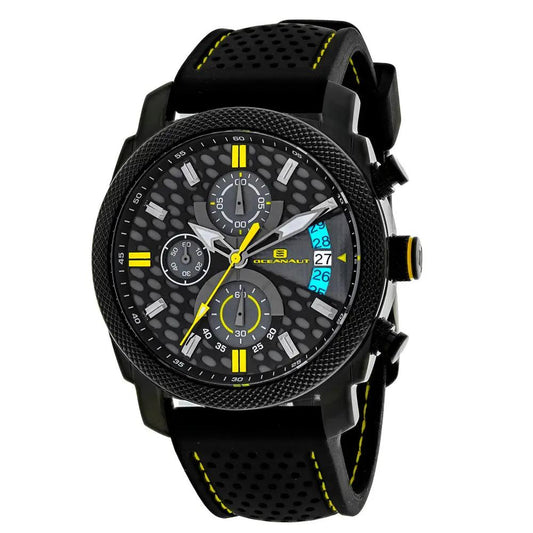 Oceanaut Kryptonite watch with black perforated rubber strap and yellow accents on Tampa Home & Garden Store