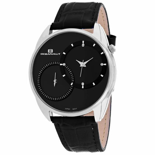 Oceanaut Sentinel Wristwatch with black dial, dual subdials, silver case, black leather strap on Tampa Home & Garden Store