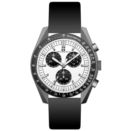 Oceanaut Orbit Watch with Leather Strap white dial, tachymeter bezel, three subdials, black band on Tampa Home & Garden Store