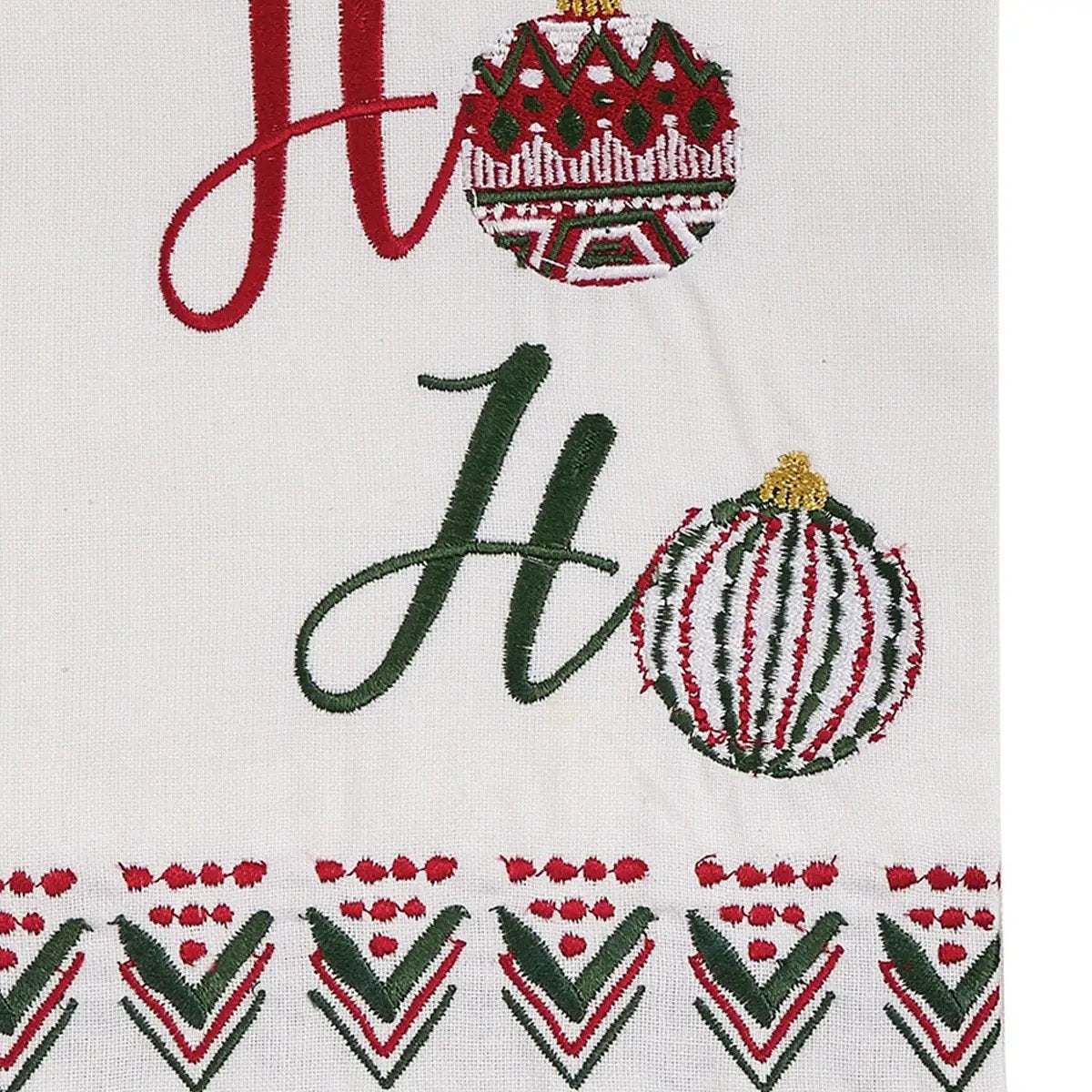 Winter Moment embroidered dishtowel with red and green ornament motifs and border trim on Tampa Home & Garden Store