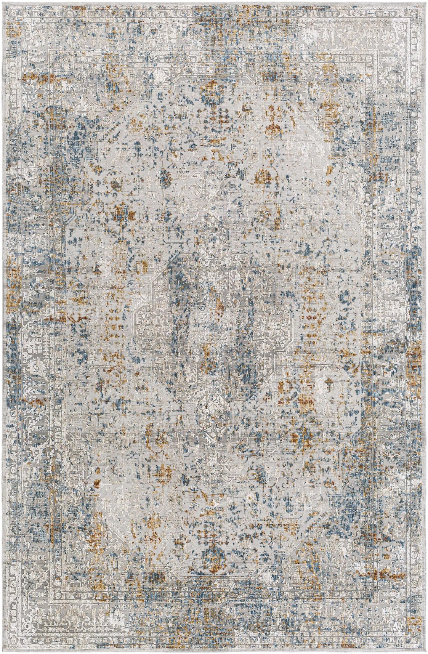 Ochlock Textured Luxe Area Rug Taupe and Blue, vintage-inspired ornate motif, Boutique Rugs on Tampa Home & Garden Store