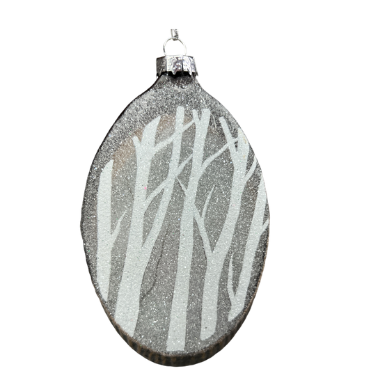 Glass Cardinal Bird Ornament, silver glitter teardrop with white striped pattern on Tampa Home & Garden Store