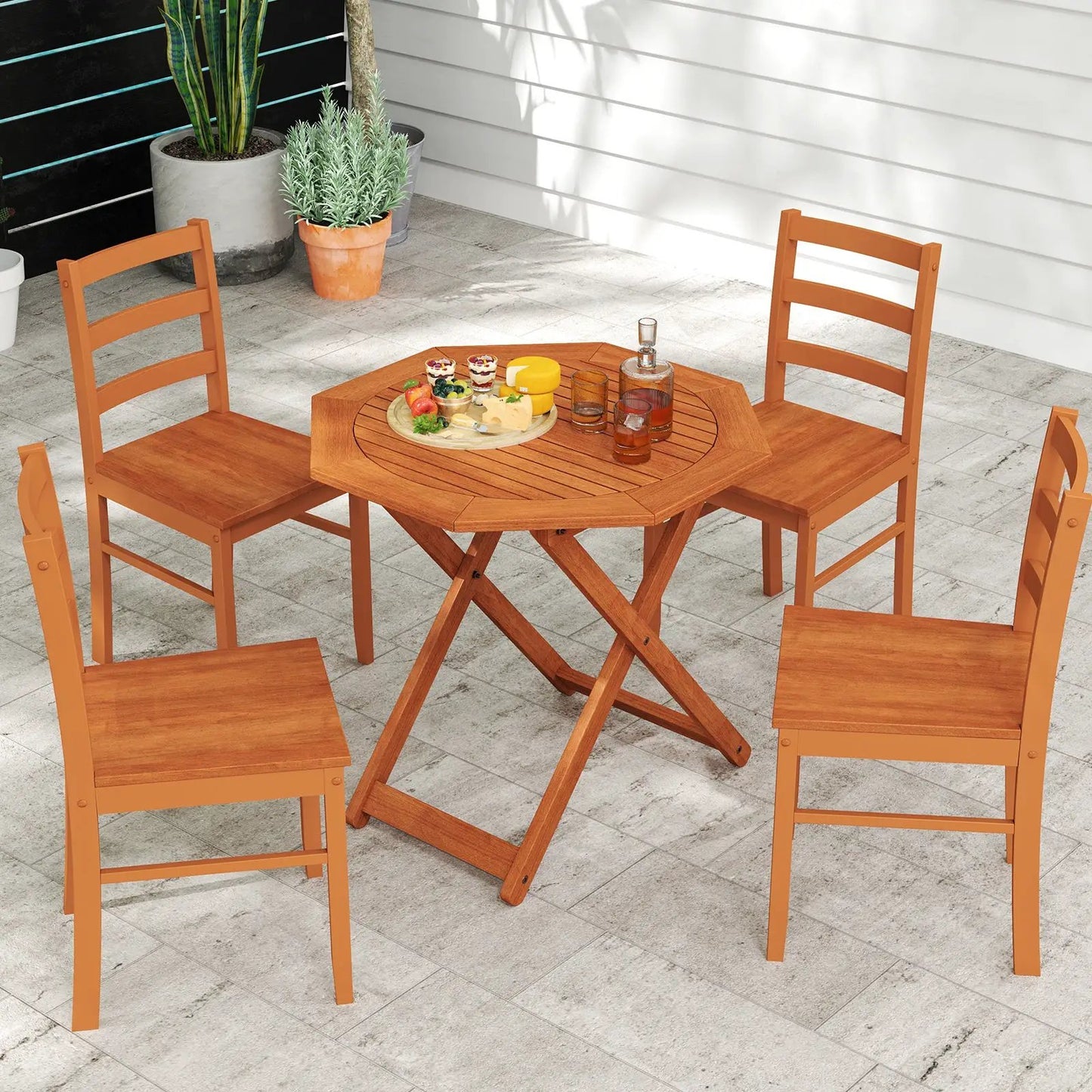 Octagon patio table with umbrella hole in orange-brown wood with DirectDeals chairs on Tampa Home & Garden Store