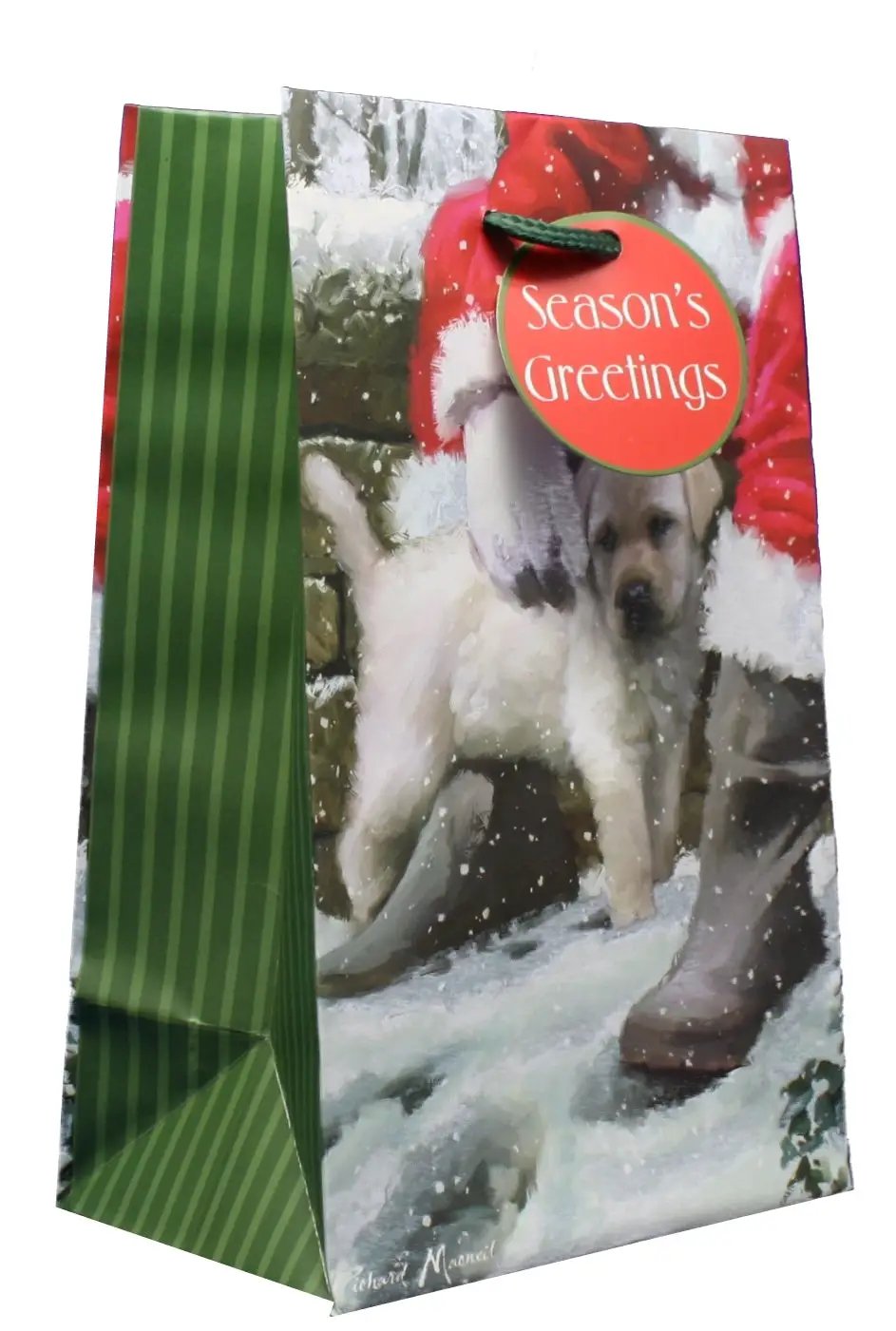 Christmas Puppy Sidekick Gift Bag with dog scene and green stripe, Season's Greetings tag by The Country Christmas Loft on Tampa Home & Garden Store