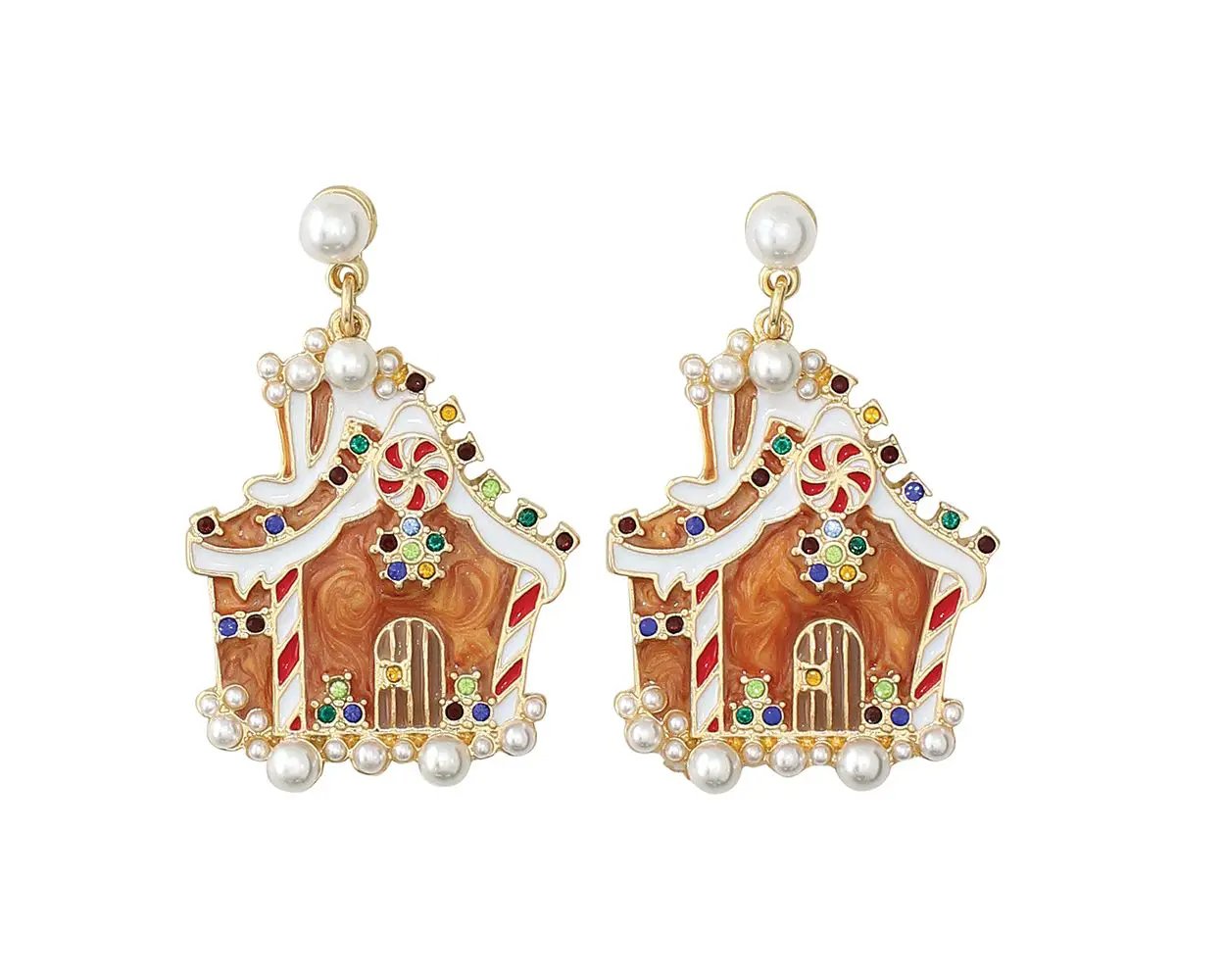 Gingerbread House Earrings with candy accents, gold metal and pearls by Country Christmas Loft on Tampa Home & Garden Store