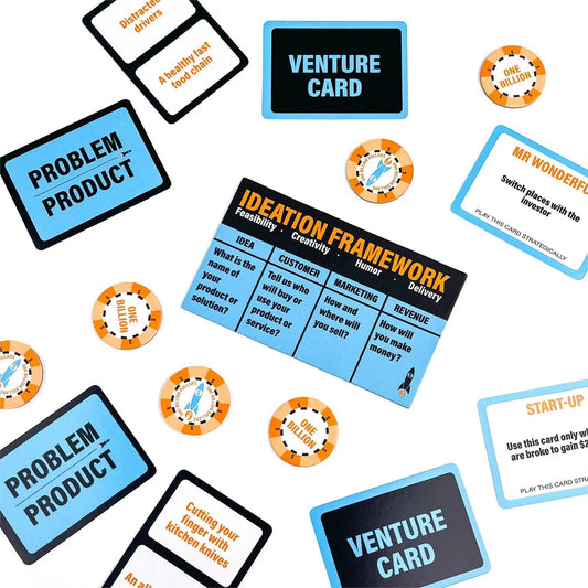 Launch Party Pitch Ideas Card Game for Prizes with blue venture cards and orange chips on Tampa Home & Garden Store