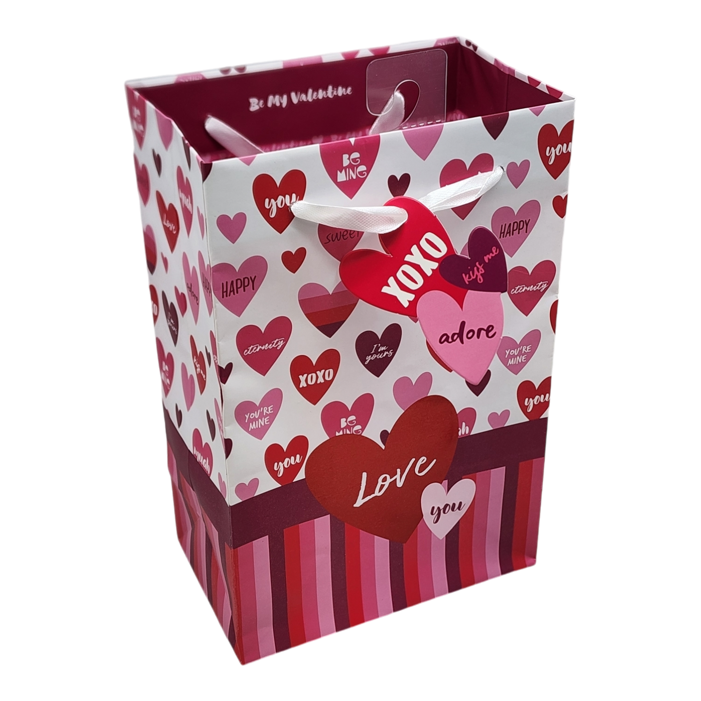 Valentine Hearts Gift Bag With Love Notes pink/red heart pattern, white ribbon handles on Tampa Home & Garden Store