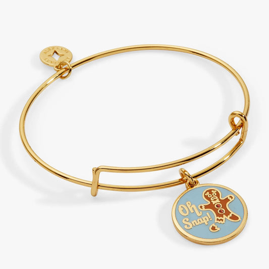 Gold tone Oh Snap gingerbread charm bangle by ALEX AND ANI featuring blue enamel charm on Tampa Home & Garden Store