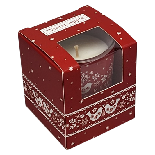 Winter Apple glass votive candle in a festive red gift box by The Country Christmas Loft on Tampa Home & Garden Store
