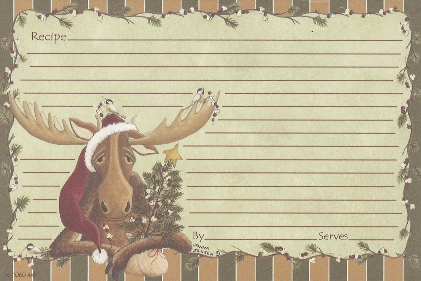 Recipe Cards 4x6 Lazy Christmas Moose with Santa hat, vintage border for baking on Tampa Home & Garden Store