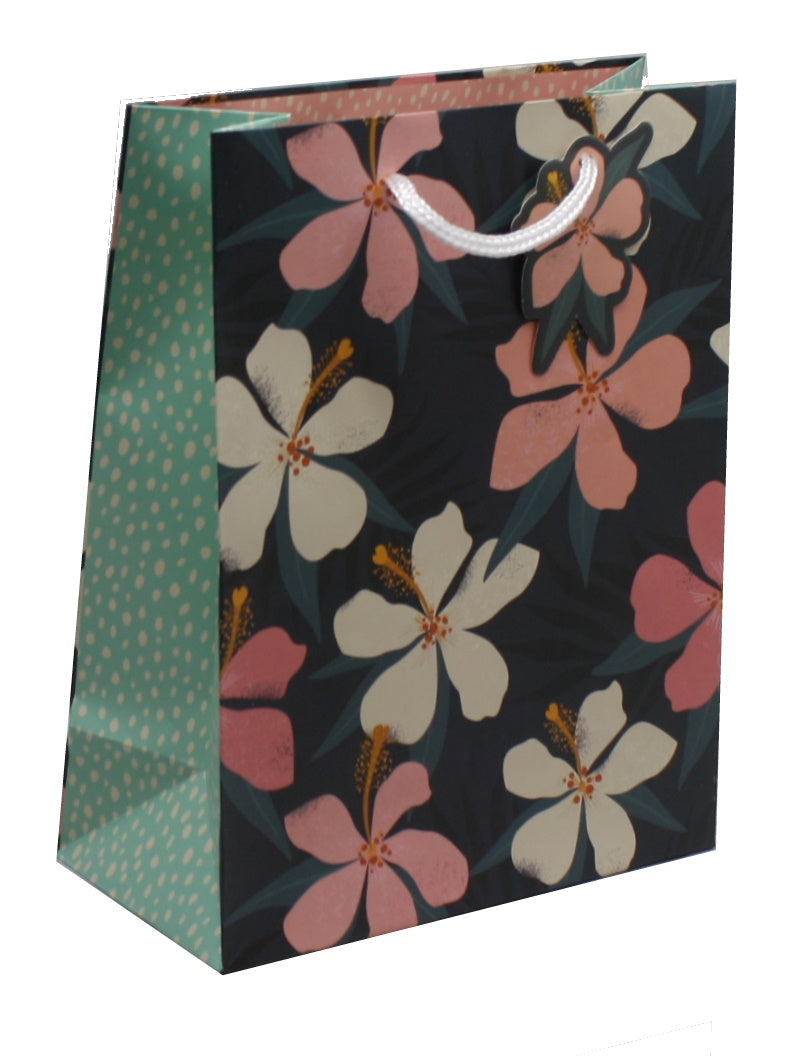 Three Piece Floral Gift Bag Set navy bag with pink white flowers The Country Christmas Loft on Tampa Home & Garden Store