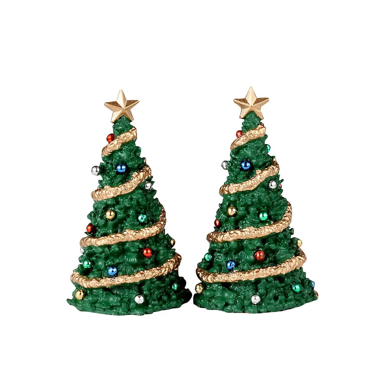 Classic Village Christmas Trees 2-Piece Set green trees with gold garland and star toppers on Tampa Home & Garden Store