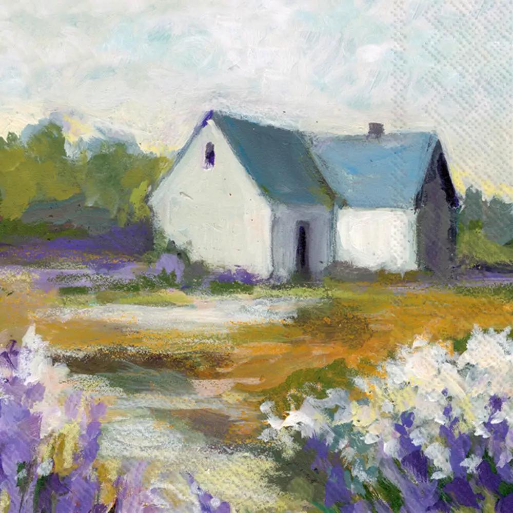 Idyll Home Luncheon Napkins 20 Count 3 Ply, cottage with blue roof amid lavender fields on Tampa Home & Garden Store